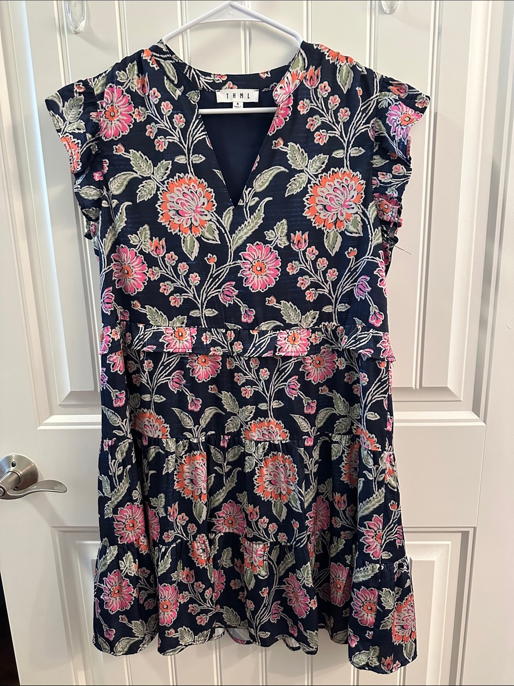 THML Navy Floral Tiered Dress with Pink & Green Blooms